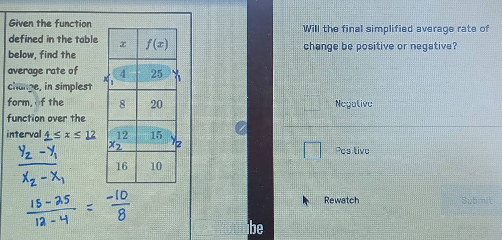 Given the function
Will the final simplified average rate of
defined in the table
change be positive or negative?
below, find the
average rate of 
change, in simplest 
form, of the Negative
function over the
interval _ 4≤ x≤ _ 12
Positive
frac y_2-y_1x_2-x_1
Rewatch Submit
be