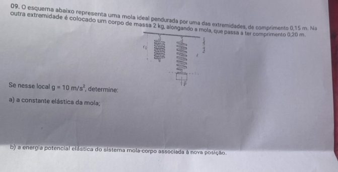 esquema abaixo representa uma mola ideal pendurada por uma das extremidades, de comprimento 0,15 m. Na 
outra extremidade é colocado um corpo de massa 2 kg, alongando , que passa a ter comprimento 0,20 m. 
Se nesse local g=10m/s^2 determine: 
a) a constante elástica da mola; 
b) a energia potencial elástica do sistema mola-corpo associada à nova posição.