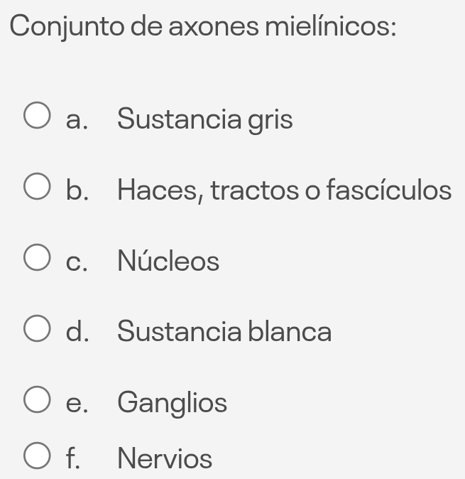 Conjunto de axones mielínicos:
a. Sustancia gris
b. Haces, tractos o fascículos
c. Núcleos
d. Sustancia blanca
e. Ganglios
f. Nervios