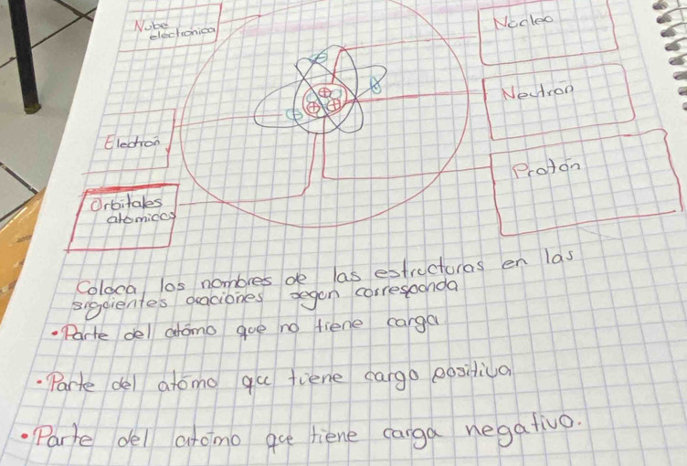 Nogleo 
Nedron 
Proton 
Coloca los nombres de las en las 
sigdientes oaciones segon corresoonda 
Parte del aromo goe no fiene carga 
Parte del atomo qu fiene cargo eositica 
Parte del aromo aee tiene carga negativo.