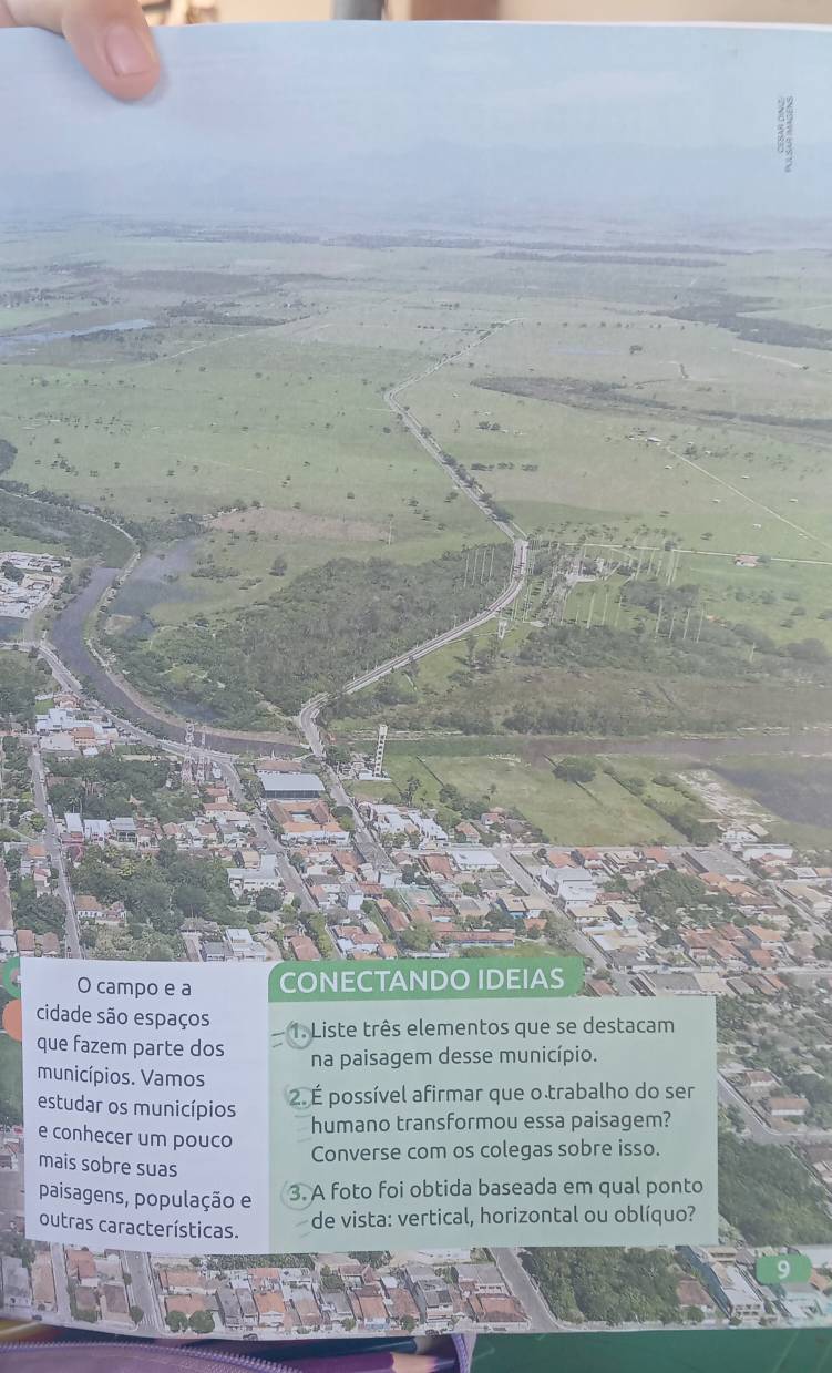 campo e a CONECTANDO IDEIAS 
cidade são espaços 
1. Liste três elementos que se destacam 
que fazem parte dos 
na paisagem desse município. 
municípios. Vamos 
estudar os municípios 
2. É possível afirmar que o trabalho do ser 
humano transformou essa paisagem? 
e conhecer um pouco 
Converse com os colegas sobre isso. 
mais sobre suas 
paisagens, população e 
3. A foto foi obtida baseada em qual ponto 
outras características. 
de vista: vertical, horizontal ou oblíquo?