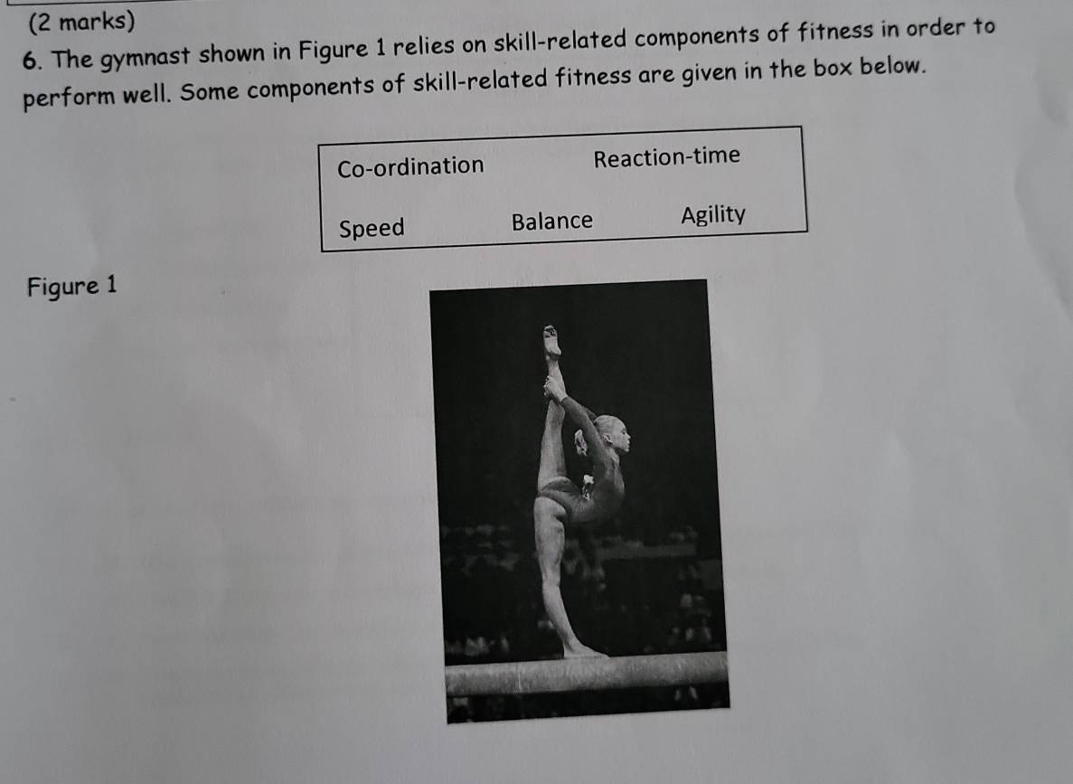 The gymnast shown in Figure 1 relies on skill-related components of fitness in order to
perform well. Some components of skill-related fitness are given in the box below.
Co-ordination Reaction-time
Speed Balance Agility
Figure 1