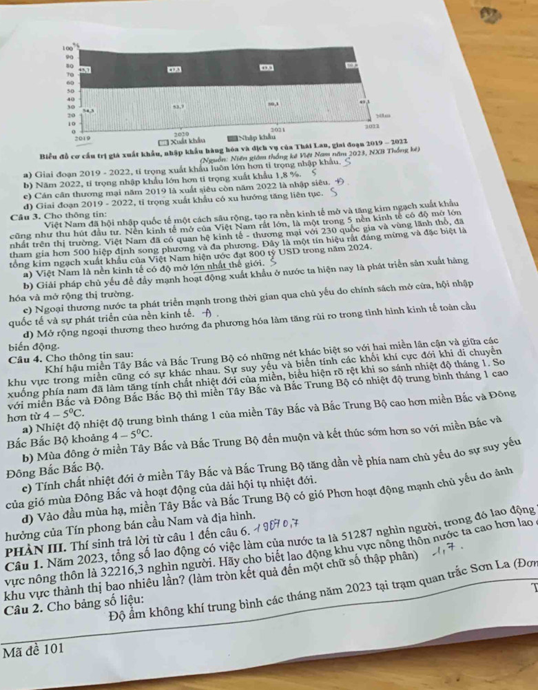 Biểu đồ cơ cầu trị giá xuất khẩu, nhập khẩu hàng hóa và địch vụ của Thái Lan, gia
(Nguồn: Niên giám thống kê Việt Nam năm 2023, NXB Thống kê)
a) Giai đoạn 2019 - 2022, tỉ trọng xuất khẩu luôn lớn hơn tỉ trọng nhập khẩu.
b) Năm 2022, tỉ trọng nhập khẩu lớn hơn tỉ trọng xuất khẩu 1,8 %.
c) Cán cân thương mại năm 2019 là xuất siêu còn năm 2022 là nhập siêu. +
d) Giai đoạn 2019 - 2022, tỉ trọng xuất khẩu có xu hướng tăng liên tục.
Việt Nam đã hội nhập quốc tế một cách sâu rộng, tạo ra nền kinh tế mở và tăng kim ngạch xuất khẩu
Câu 3. Cho thông tin:
cũng như thu hút đầu tư. Nền kinh tế mở của Việt Nam rất lớn, là một trong 5 nền kinh tế có độ mở lớn
nhất trên thị trường. Việt Nam đã có quan hệ kinh tế - thương mại với 230 quốc gia và vùng lãnh thỏ, đã
tham gia hơn 500 hiệp định song phương và đa phương. Đây là một tín hiệu rắt đáng mừng và đặc biệt là
tổng kim ngạch xuất khẩu của Việt Nam hiện ước đạt 800 tỷ USD trong năm 2024.
a) Việt Nam là nền kinh tế có độ mở lớn nhất thế giới.
b) Giải pháp chủ yếu đề đầy mạnh hoạt động xuất khẩu ở nước ta hiện nay là phát triển sản xuất hàng
hóa và mở rộng thị trường.
c) Ngoại thương nước ta phát triển mạnh trong thời gian qua chủ yếu do chính sách mở cửa, hội nhập
quốc tế và sự phát triển của nền kinh tế. A .
d) Mở rộng ngoại thương theo hướng đa phương hóa làm tăng rùi ro trong tình hình kinh tế toàn cầu
biến động.
Khí hậu miền Tây Bắc và Bắc Trung Bộ có những nét khác biệt so với hai miền lân cận và giữa các
Câu 4. Cho thông tin sau:
khu vực trong miền cũng có sự khác nhau. Sự suy yếu và biển tính các khối khí cực đới khi di chuyền
xuống phía nam đã làm tăng tính chất nhiệt đới của miền, biểu hiện rõ rệt khi so sánh nhiệt độ tháng 1. So
với miền Bắc và Đông Bắc Bắc Bộ thì miền Tây Bắc và Bắc Trung Bộ có nhiệt độ trung bình tháng 1 cao
a) Nhiệt độ nhiệt độ trung bình tháng 1 của miền Tây Bắc và Bắc Trung Bộ cao hơn miền Bắc và Đông
hơn từ 4-5°C.
Bắc Bắc Bộ khoảng 4-5°C.
b) Mùa đông ở miền Tây Bắc và Bắc Trung Bộ đến muộn và kết thúc sớm hơn so với miền Bắc và
c) Tính chất nhiệt đới ở miền Tây Bắc và Bắc Trung Bộ tăng dần về phía nam chủ yếu do sự suy yếu
Đông Bắc Bắc Bộ.
của gió mùa Đông Bắc và hoạt động của dải hội tụ nhiệt đới.
d) Vào đầu mùa hạ, miền Tây Bắc và Bắc Trung Bộ có gió Phơn hoạt động mạnh chủ yếu do ảnh
hưởng của Tín phong bán cầu Nam và địa hình.
Câu 1. Năm 2023, tổng số lao động có việc làm của nước ta là 51287 nghìn người, trong đó lao động
PHÀN III. Thí sinh trả lời từ câu 1 đến câu 6.
vực nông thôn là 32216,3 nghìn người. Hãy cho biết lao động khu vực nồng thôn nước ta cao hơn lao
khu vực thành thị bao nhiêu lần? (làm tròn kết quả đến một chữ số thập phân)
T
Độ ẩm không khí trung bình các tháng năm 2023 tại trạm quan trắc Sơn La (Đơi
Câu 2. Cho bảng số liệu:
Mã đề 101