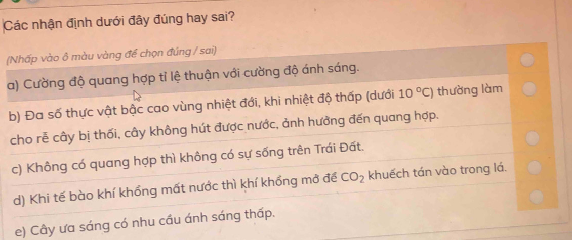 Các nhận định dưới đây đúng hay sai?
(Nhấp vào ô màu vàng để chọn đúng / sai)
a) Cường độ quang hợp tỉ lệ thuận với cường độ ánh sáng.
b) Đa số thực vật bậc cao vùng nhiệt đới, khi nhiệt độ thấp (dưới 10°C) thường làm
cho rễ cây bị thối, cây không hút được nước, ảnh hưởng đến quang hợp.
c) Không có quang hợp thì không có sự sống trên Trái Đất.
d) Khi tế bào khí khổng mất nước thì khí khổng mở để CO_2 khuếch tán vào trong lá.
e) Cây ưa sáng có nhu cầu ánh sáng thấp.