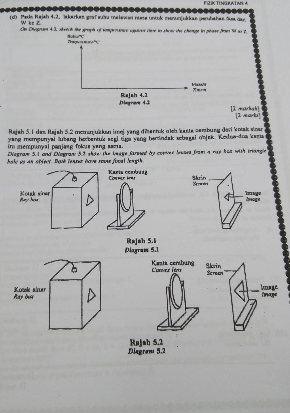 FIZIK TINGKATAN 4 
(d) Pada Rajah 4.2, lakarkan graf suhu melawan masa untuk menunjukkan perubahan fasa dari
W ke Z. 
On Diagram 4.2, sketch the graph of temperature against time to show the change in phase from W to Z.
8uhu/^circ C
Tempert m/^circ C
Masa/s 
Time/s 
Rajah 4.2 
Diagram 4.2 
[2 markah] 
[2 marks] 
Rajah 5.1 dan Rajah 5.2 menunjukkan imej yang dibentuk oleh kanta cembung dari kotak sinar 
yang mempunyai lubang berbentuk segi tiga yang bertindak sebagai objek. Kedua-dua kanta 
itu mempunyai panjang fokus yang sama. 
Diagram 5.1 and Diagram 5.2 show the image formed by convex lenses from a ray box with triangle 
hole as an object. Both lenses have same focal length. 
Kanta cembung 
Convex lens 


Rajah 5,1 
Diagram 5.1 
Kanta cembung 
Convex lens 


Rajah 5.2 
Diagram 5.2