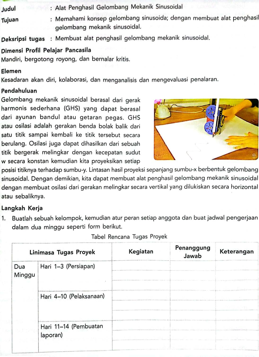 Judul : Alat Penghasil Gelombang Mekanik Sinusoidal 
Tujuan : Memahami konsep gelombang sinusoida; dengan membuat alat penghasil 
gelombang mekanik sinusoidal. 
Deksripsi tugas : Membuat alat penghasil gelombang mekanik sinusoidal. 
Dimensi Profil Pelajar Pancasila 
Mandiri, bergotong royong, dan bernalar kritis. 
Elemen 
Kesadaran akan diri, kolaborasi, dan menganalisis dan mengevaluasi penalaran. 
Pendahuluan 
Gelombang mekanik sinusoidal berasal dari gerak 
harmonis sederhana (GHS) yang dapat berasal 
dari ayunan bandul atau getaran pegas. GHS 
atau osilasi adalah gerakan benda bolak balik dari 
satu titik sampai kembali ke titik tersebut secara 
berulang. Osilasi juga dapat dihasilkan dari sebuah 
titik bergerak melingkar dengan kecepatan sudut . 
w secara konstan kemudian kita proyeksikan setiap . 
posisi titiknya terhadap sumbu- y. Lintasan hasil proyeksi sepanjang sumbu- x berbentuk gelombang 
sinusoidal. Dengan demikian, kita dapat membuat alat penghasil gelombang mekanik sinusoidal 
dengan membuat osilasi dari gerakan melingkar secara vertikal yang dilukiskan secara horizontal 
atau sebaliknya. 
Langkah Kerja 
1. Buatlah sebuah kelompok, kemudian atur peran setiap anggota dan buat jadwal pengerjaan 
dalam dua minggu seperti form berikut.