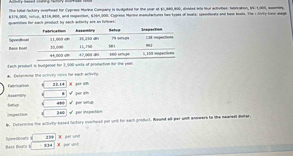 Activity-based costing:factory overnead costs 
The total factory overhead for Cypress Marine Company is budgeted for the year at $1,880,800, divided into four activities: fabrication, $924,000, assembly,
$376,000, setup, $316,800, and inspection, $264,000. Cypress Marine manufactures two types of boats: speedboats and bass boats. The Éctivity-base usage 
quantities for each product by each activity are as follows: 
Each product is budgeted for 2,500 units of production for the year. 
a. Determine the activity rates for each activity. 
Fabrication $ 22.14 X per dih 
Assembly $ 8 per dih 
Setup $ 480 per setup 
Inspection $ 240 per inspection 
b. Determine the activity-based factory overhead per unit for each product. Round all per unit answers to the nearest dollar. 
Speedboats $ 239 X per unit 
Bass Boats $ 534 X per unit