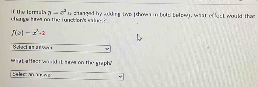 If the formula y=x^3 is changed by adding two (shown in bold below), what effect would that 
change have on the function's values?
f(x)=x^3+2
Select an answer 
What effect would it have on the graph? 
Select an answer
