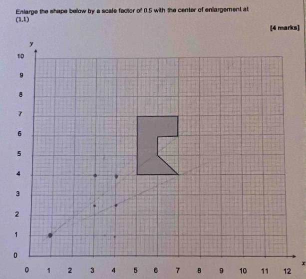 Enlarge the shape below by a scale factor of 0.5 with the center of enlargement at
(1,1)