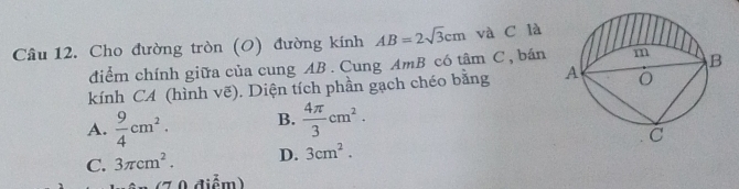 Cho đường tròn (O) đường kính AB=2sqrt(3)cm và C là
điểm chính giữa của cung AB. Cung AmB có tâm C, bán 
kính CA (hình vẽ). Diện tích phần gạch chéo bằng
A.  9/4 cm^2. B.  4π /3 cm^2.
C. 3π cm^2. D. 3cm^2. 
0 điểm)