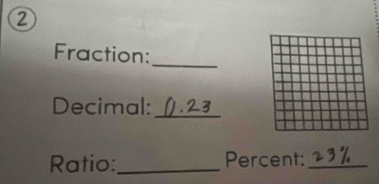 ② 
_ 
Fraction: 
Decimal:_ 
Ratio:_ Percent:_