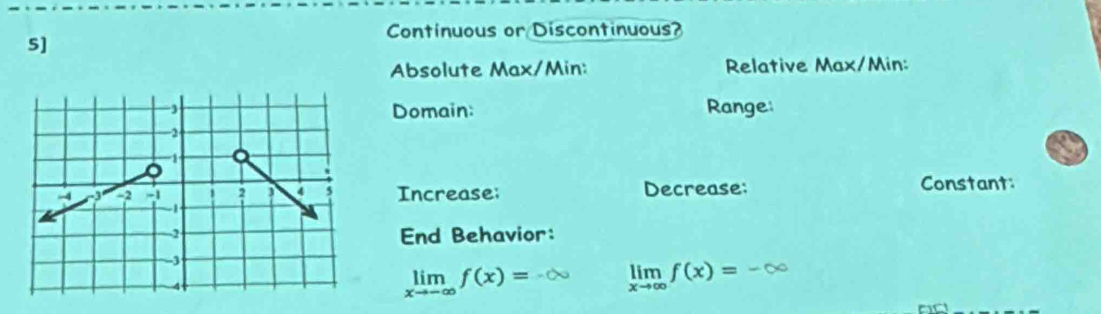 Continuous or Discontinuous?
S]
Absolute Max/Min: Relative Max/Min:
Domain: Range:
Increase; Decrease: Constant:
End Behavior:
limlimits _xto -∈fty f(x)= limlimits _xto ∈fty f(x)=