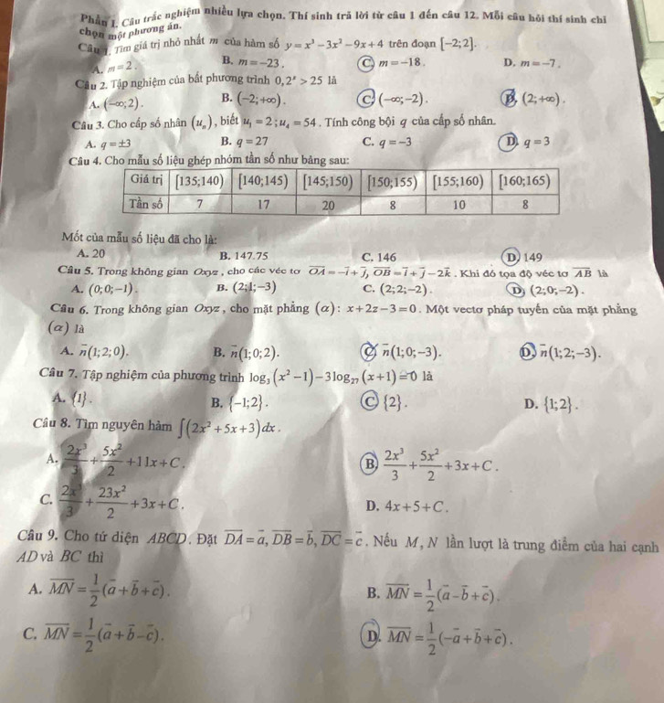 Phần 1. Câu trắc nghiệm nhiều lựa chọn. Thí sinh trã lời từ câu 1 đến câu 12. Mỗi câu hỏi thí sinh chỉ
chọn một phương án.
Câu . Tìm giá trị nhỏ nhất m của hàm số y=x^3-3x^2-9x+4 trên đoạn [-2;2].
A. m=2. B, m=-23. C m=-18. D. m=-7.
Câu 2. Tập nghiệm của bất phương trình 0,2^x>2512
A. (-∈fty ;2). B. (-2;+∈fty ). C (-∈fty ;-2). B (2;+∈fty ).
Câu 3. Cho cấp số nhân (u_n) , biết u_1=2;u_4=54. Tính công bội q của cấp số nhân.
A. q=± 3 B. q=27 C. q=-3 D q=3
Câ liệu ghép nhóm tần số như bảng 
Mốt của mẫu số liệu đã cho là:
A. 20 B. 147.75 C. 146 D. 149
Câu 5. Trong không gian Oxyz , cho các véc tơ vector OA=-vector i+vector j,vector OB=vector i+vector j-2vector k. Khi đó tọa độ véc tơ overline AB là
A. (0;0;-1). B. (2;1;-3) C. (2;2;-2). D (2;0;-2).
Cầu 6. Trong không gian Oxyz , cho mặt phẳng (α): x+2z-3=0. Một vectơ pháp tuyến của mặt phẳng
(a) là
A. overline n(1;2;0). B. overline n(1;0;2). C overline n(1;0;-3). D overline n(1;2;-3).
Cầu 7. Tập nghiệm của phương trình log _3(x^2-1)-3log _27(x+1)=0 là
A.  1 . B.  -1;2 .  2 . D.  1;2 .
Cầu 8. Tìm nguyên hàm ∈t (2x^2+5x+3)dx.
A.  2x^3/3 + 5x^2/2 +11x+C.  2x^3/3 + 5x^2/2 +3x+C.
B
C.  2x/3 + 23x^2/2 +3x+C.
D. 4x+5+C.
Câu 9. Cho tứ diện ABCD. Đặt overline DA=overline a,overline DB=overline b,overline DC=overline c. Nếu M, N lần lượt là trung điểm của hai cạnh
AD và BC thì
A. overline MN= 1/2 (overline a+overline b+overline c). overline MN= 1/2 (overline a-overline b+overline c).
B.
C. overline MN= 1/2 (overline a+overline b-overline c). overline MN= 1/2 (-overline a+overline b+overline c).
D.