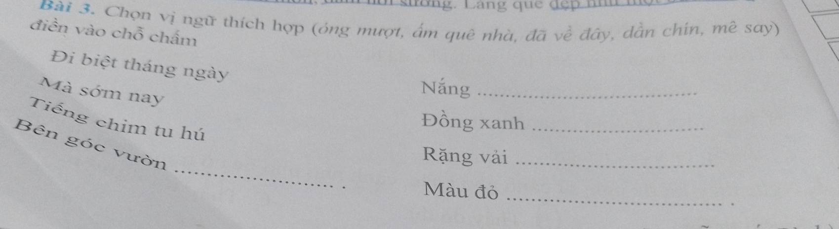 ng. Lang que đẹ p n 
Bài 3. Chọn vị ngữ thích hợp (óng mượt, ấm quê nhà, đã về đây, dẫn chín, mê say) 
điền vào chỗ chấm 
Đi biệt tháng ngày 
Mà sớm nay 
Nắng_ 
Tiếng chim tu hú 
Đồng xanh_ 
_ 
Bên góc vườn 
Rặng vài_ 
_ 
Màu đỏ