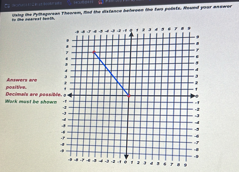 decaturco.k12.in.us bookmarks securlypass 
Using the Pythagorean Theorem, find the distance between the two points. Round your answer 
to the nearest tenth. 
Answers are 
positive. 
Decimals are possib 
Work must be shown
7 8 9