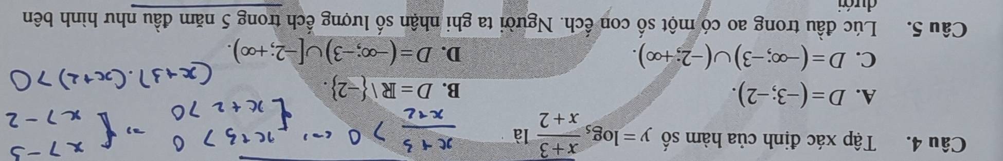 Tập xác định của hàm số y=log _5frac overline x+3x+2 là
A. D=(-3;-2).
B. D=R -2.
C. D=(-∈fty ;-3)∪ (-2;+∈fty ). D. D=(-∈fty ;-3)∪ [-2;+∈fty ). 
Câu 5. Lúc đầu trong ao có một số con ếch. Người ta ghi nhận số lượng ếch trong 5 năm đầu như hình bên
dưới