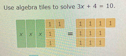 Use algebra tiles to solve 3x+4=10.