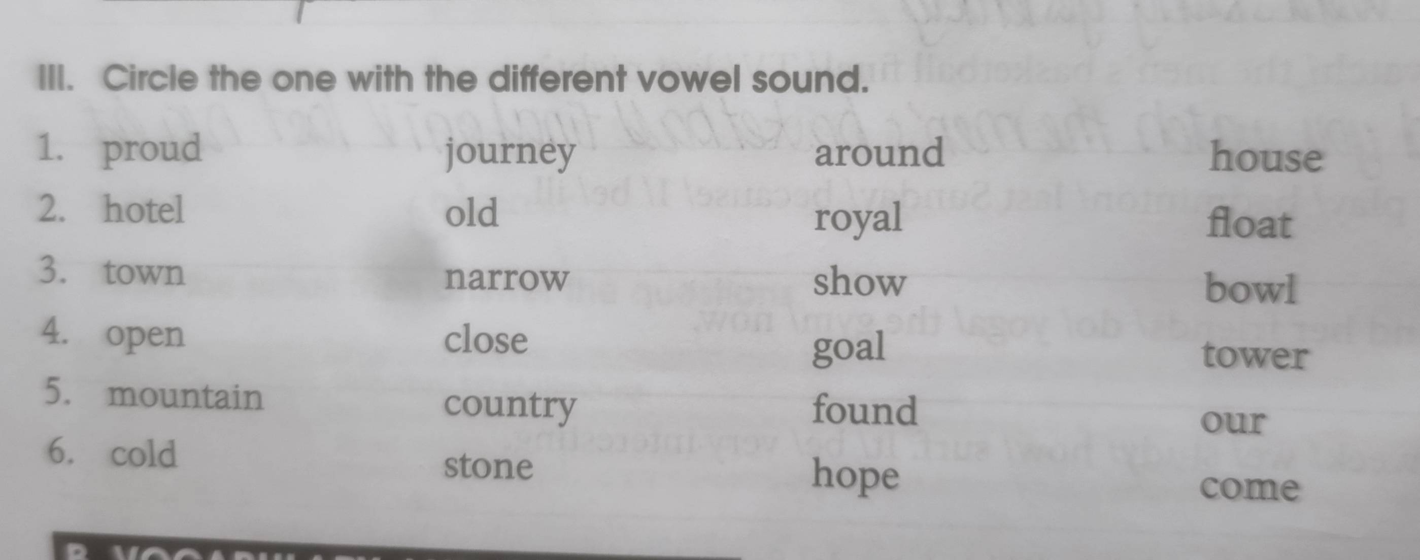 Circle the one with the different vowel sound.
1. proud journey around house
2. hotel old
royal float
3. town
narrow show
bowl
4. open close
goal tower
5. mountain found
country
our
6. cold
stone
hope
come