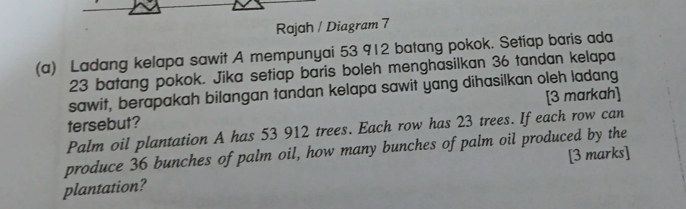 Rajah / Diagram 7 
(a) Ladang kelapa sawit A mempunyai 53 912 batang pokok. Setiap baris ada
23 batang pokok. Jika setiap baris boleh menghasilkan 36 tandan kelapa 
sawit, berapakah bilangan tandan kelapa sawit yang dihasilkan oleh ladang 
tersebut? [3 markah] 
Palm oil plantation A has 53 912 trees. Each row has 23 trees. If each row can 
produce 36 bunches of palm oil, how many bunches of palm oil produced by the 
[3 marks] 
plantation?