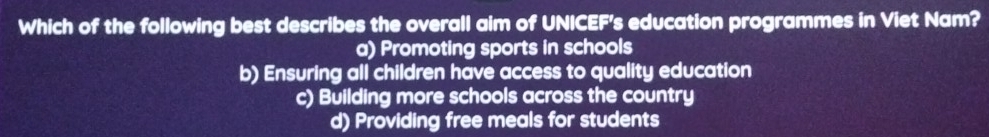 Which of the following best describes the overall aim of UNICEF's education programmes in Viet Nam?
a) Promoting sports in schools
b) Ensuring all children have access to quality education
c) Building more schools across the country
d) Providing free meals for students