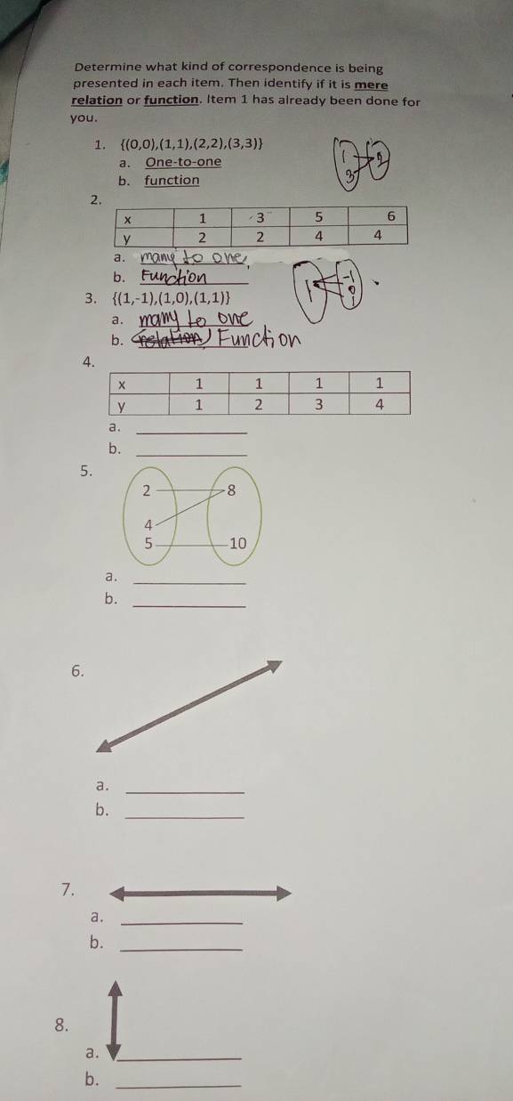 Determine what kind of correspondence is being 
presented in each item. Then identify if it is mere 
relation or function. Item 1 has already been done for 
you. 
1.  (0,0),(1,1),(2,2),(3,3)
a. One-to-one 
b. function 
a._ 
b._ 
3.  (1,-1),(1,0),(1,1)
a._ 
b._ 
a._ 
b._ 
5. 
a._ 
b._ 
6. 
a._ 
b._ 
7. 
a._ 
b._ 
8.