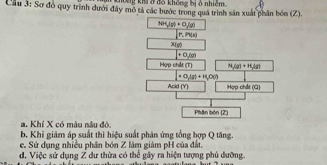 không khi ở đồ không bị ô nhiêm.
Cầu 3: Sơ đồ quy trình dưới đây mô tả các bước trong quá trình sản xuất phân bón (Z).
NH_3(g)+O_2(g)
|t°,Pt(s)
X(g)
+O_2(g)
Hợp chất (T) N_2(g)+H_2(g)
+O_2(g)+H_2O(l)
Acid (Y) Hợp chất (Q)
Phân bón (Z)
a. Khí X có màu nâu đỏ.
b. Khi giảm áp suất thì hiệu suất phản ứng tổng hợp Q tăng.
c. Sử dụng nhiều phân bón Z làm giảm pH của đất.
d. Việc sử dụng Z dư thừa có thể gây ra hiện tượng phú dưỡng.