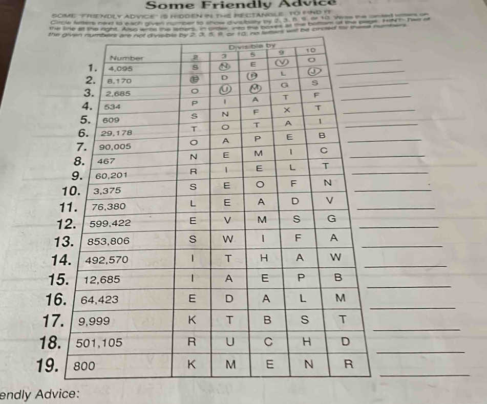 Some Friendly Advice 
SOME ''FRENDLY ADVICE" IS HIDDEN iN THE RECTANBLE TO PND It 
Crcle leers ne et to each giver number to show divisibisty by 2. 3. 6 1. tn 10. Wes the ormted tom e on 
the line at the right. Aso wshte the letters. In prg." No the boves at the bottam of the paon. Hi h Tae of 
the Mmen will be crced for teea numbers 
_ 
_ 
_ 
_ 
1 
1 
1 
_ 
16 
_ 
17 
_ 
18 
_ 
19. 
endly Advice: