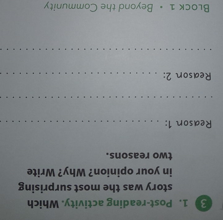 Post-reading activity. Which 
story was the most surprising 
in your opinion? Why? Write 
two reasons. 
Reason 1:_ 
_ 
Reason 2:_ 
_ 
Block 1 • Beyond the Community