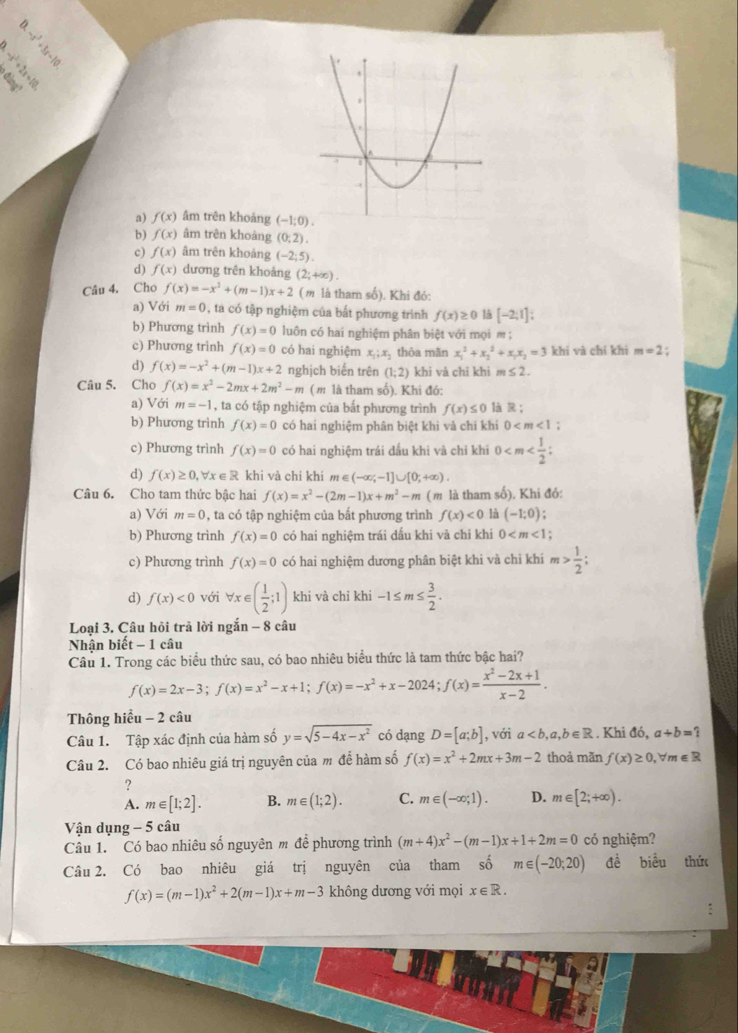 AS (H
xding?
a) f(x) âm trên khoảng (-1;0).
b) f(x) âm trên khoảng (0:2).
c) f(x) âm trên khoảng (-2;5).
d) f(x) dương trên khoảng (2;+∈fty ).
Câu 4. Cho f(x)=-x^2+(m-1)x+2 ( m là tham số). Khi đó:
a) Với m=0 , ta có tập nghiệm của bất phương trình f(x)≥ 0 là [-2;1];
b) Phương trình f(x)=0 luôn có hai nghiệm phân biệt với mọi m ;
c) Phương trình f(x)=0 có hai nghiệm x_1;x_2 thôa mãn x_1^(2+x_2^2+x_1)x_2=3 khí và chí khì m=2:
d) f(x)=-x^2+(m-1)x+2 nghịch biến trên (1;2) khi và chỉ khi m≤ 2.
Câu 5. Cho f(x)=x^2-2mx+2m^2-m ( m là tham số). Khi đó:
a) Với m=-1 , ta có tập nghiệm của bất phương trình f(x)≤ 0 làR；
b) Phương trình f(x)=0 có hai nghiệm phân biệt khì và chỉ khi 0 :
c) Phương trình f(x)=0 có hai nghiệm trái dấu khi và chỉ khi 0
d) f(x)≥ 0,forall x∈ R khi và chỉ khi m∈ (-∈fty ,-1]∪ [0;+∈fty ).
Câu 6. Cho tam thức bậc hai f(x)=x^2-(2m-1)x+m^2-m ( m là tham số), Khi đỏ:
a) Với m=0 , ta có tập nghiệm của bất phương trình f(x)<0</tex> là (-1;0)
b) Phương trình f(x)=0 có hai nghiệm trái dấu khi và chỉ khi 0
c) Phương trình f(x)=0 có hai nghiệm dương phân biệt khi và chỉ khí m> 1/2 ;
d) f(x)<0</tex> với forall x∈ ( 1/2 ;1) khi và chỉ khi -1≤ m≤  3/2 .
Loại 3. Câu hỏi trả lời ngắn - 8 câu
Nhận biết -1 câu
Câu 1. Trong các biểu thức sau, có bao nhiêu biểu thức là tam thức bậc hai?
f(x)=2x-3;f(x)=x^2-x+1;f(x)=-x^2+x-2024;f(x)= (x^2-2x+1)/x-2 .
Thông hiểu - 2 câu
Câu 1. Tập xác định của hàm số y=sqrt(5-4x-x^2) có dạng D=[a;b] , với a. Khi đó, a+b=.
Câu 2. Có bao nhiêu giá trị nguyên của m để hàm số f(x)=x^2+2mx+3m-2 thoả mãn f(x)≥ 0,forall m∈ R
?
A. m∈ [1;2]. B. m∈ (1;2). C. m∈ (-∈fty ;1). D. m∈ [2;+∈fty ).
Vận dụng - 5 câu
Câu 1. Có bao nhiêu số nguyên m để phương trình (m+4)x^2-(m-1)x+1+2m=0 có nghiệm?
Câu 2. Có bao nhiêu giá trị nguyên của tham số m∈ (-20;20) đề biểu thức
f(x)=(m-1)x^2+2(m-1)x+m-3 không dương với mọi x∈ R.
: