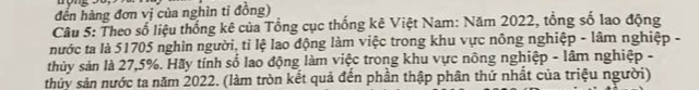 đến hàng đơn vị của nghìn tỉ đồng) 
Câu 5: Theo số liệu thống kê của Tổng cục thống kê Việt Nam: Năm 2022, tổng số lao động 
nước ta là 51705 nghin người, tỉ lệ lao động làm việc trong khu vực nông nghiệp - lâm nghiệp - 
thủy sản là 27,5%. Hãy tính số lao động làm việc trong khu vực nông nghiệp - lâm nghiệp - 
thủy sản nước ta năm 2022. (làm tròn kết quả đến phần thập phân thứ nhất của triệu người)