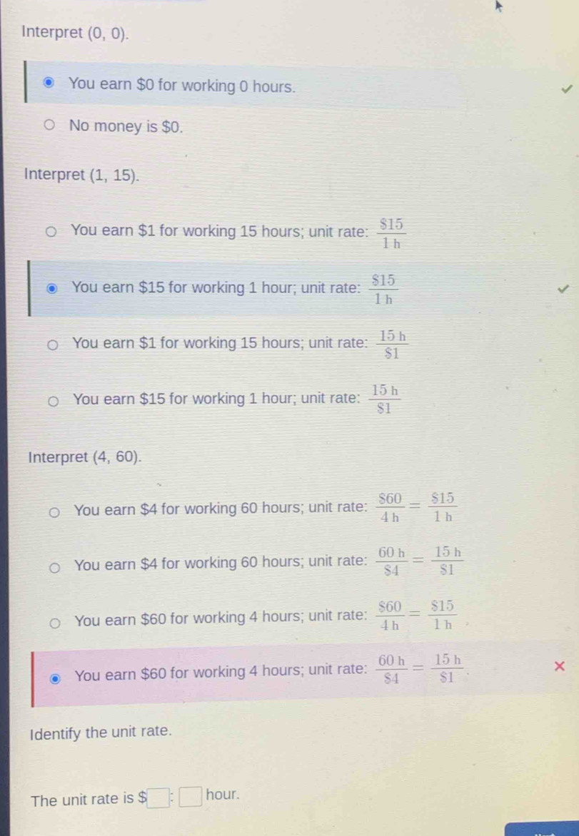 Interpret (0,0). 
You earn $0 for working 0 hours.
No money is $0.
Interpret (1,15).
You earn $1 for working 15 hours; unit rate:  815/1h 
You earn $15 for working 1 hour; unit rate:  815/1h 
You earn $1 for working 15 hours; unit rate:  15h/$1 
You earn $15 for working 1 hour; unit rate:  15h/81 
Interpret (4,60). 
You earn $4 for working 60 hours; unit rate:  860/4h = 815/1h 
You earn $4 for working 60 hours; unit rate:  60h/S4 = 15h/S1 
You earn $60 for working 4 hours; unit rate:  860/4h = 815/1h 
You earn $60 for working 4 hours; unit rate:  60h/84 = 15h/81 
Identify the unit rate.
The unit rate is $□ :□ hol ur.