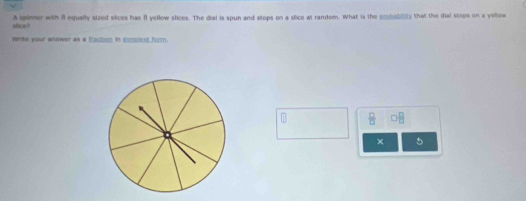 sice ? A spinner with il equally sized siices has B yellow slices. The dial is spun and stops on a slice at random. What is the probabilty that the dial stops on a yellow 
write your answer as a froction in simolest form. 
D 
× 5