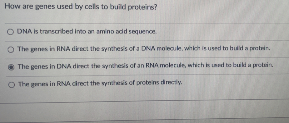 How are genes used by cells to build proteins?
DNA is transcribed into an amino acid sequence.
The genes in RNA direct the synthesis of a DNA molecule, which is used to build a protein.
The genes in DNA direct the synthesis of an RNA molecule, which is used to build a protein.
The genes in RNA direct the synthesis of proteins directly.