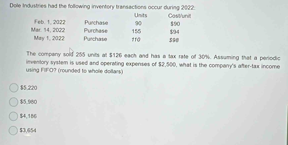 Dole Industries had the following inventory transactions occur during 2022:
Units Cost/unit
Feb. 1, 2022 Purchase 90 $90
Mar. 14, 2022 Purchase 155 $94
May 1, 2022 Purchase 110 $98
The company sold 255 units at $126 each and has a tax rate of 30%. Assuming that a periodic
inventory system is used and operating expenses of $2,500, what is the company's after-tax income
using FIFO? (rounded to whole dollars)
$5,220
$5,980
$4,186
$3,654