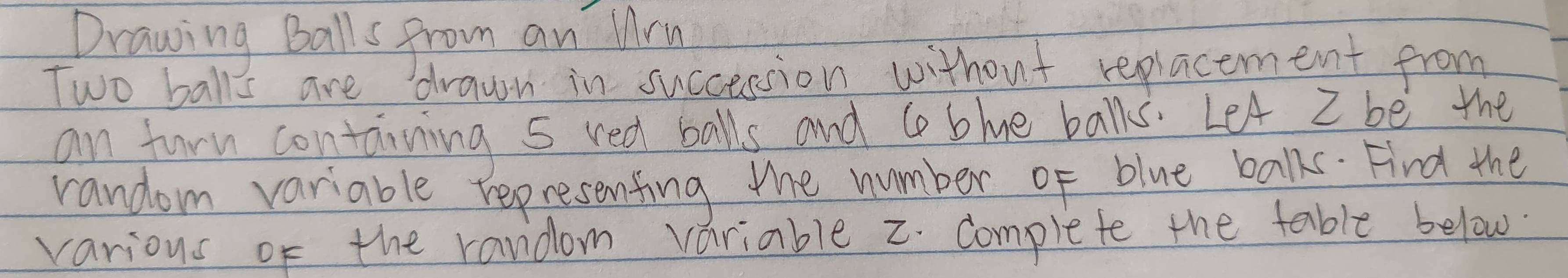 Drawing Balls from an Mrm 
Two balls are drawn in succession without replacement from 
an furn containing 5 redt balls and C blue balks. Let 2 be the 
random variable representing the number of blue balks. Find the 
various of the random variable 2. complete the table below