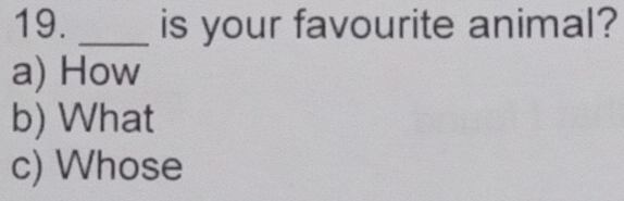 is your favourite animal?
a) How
b) What
c) Whose