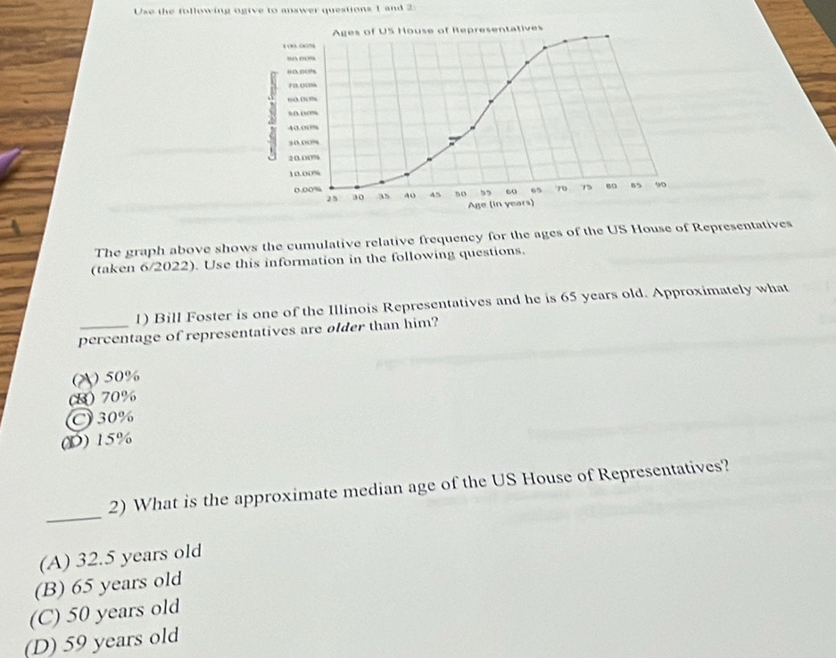 Use the following ogive to answer questions 1 and 2
_
The graph above shows the cumulative relative frequency for the ages of the US House of Representatives
(taken 6/2022). Use this information in the following questions.
1) Bill Foster is one of the Illinois Representatives and he is 65 years old. Approximately what
_percentage of representatives are older than him?
(A) 50%
(8) 70%
C 30%
(D) 15%
_
2) What is the approximate median age of the US House of Representatives?
(A) 32.5 years old
(B) 65 years old
(C) 50 years old
(D) 59 years old