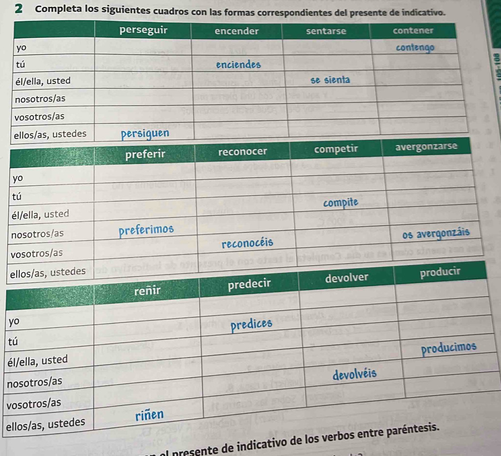 Completa los siguientes cuadros con las formas correspondientes del presente de indicativo. 
2 
t 
é 
n 
v 
y 
t 
é 
n 
v 
e 
al presente de indicativ