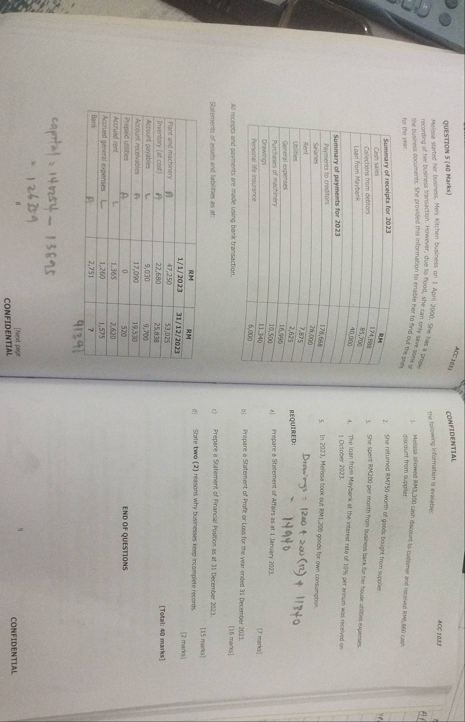 ACC 1033 CONFIDENTIAL 
QUESTION 5 (40 Marks) 
ACC 1033 
The following information is available: 

Melissa started her business, Mels Kitchen business on 1 April 2000. She has a prope 1. Melissa allowed RM3,300 cash discount to customer and received RM6,860 cash 
recording of her business transaction. However, due to flood, she can only save some o 
the business documents. She provided this information to enable her to find out the prof 
for the year. discount from supplier. 
2. She returned RM750 worth of goods bought from supplier. 
e 
3. She spent RM200 per month from business bank for her house utilities expenses. 
4. The loan from Maybank at the interest rate of 10% per annum was received on 
1 October 2023. 
5. In 2023, Melissa took out RM1,200 goods for own consumption. 
REQUIRED: 
a) Prepare a Statement of Affairs as at 1 January 2023. 
[7 marks] 
b) Prepare a Statement of Profit or Loss for the year ended 31 December 2023. 
All receipts and payments are made using bank transaction. [16 marks] 
Statements of assets and liabilities as at: 
c) Prepare a Statement of Financial Position as at 31 December 2023. 
[15 marks] 
d) State two (2) reasons why businesses keep incomplete records. 
[2 marks] 
[Total: 40 marks] 
END OF QUESTIONS 
[Next page 
CONFIDENTIAL CONFIDENTIAL