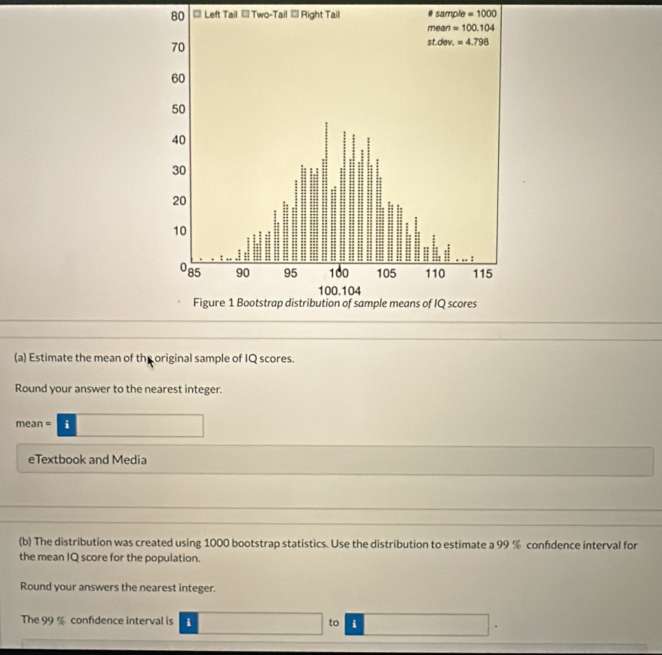 Left Tail - Two-Tail ≡ Right Tail # sample =1000
(a) Estimate the mean of theoriginal sample of IQ scores.
Round your answer to the nearest integer.
mean =□
eTextbook and Media □ 
(b) The distribution was created using 1000 bootstrap statistics. Use the distribution to estimate a 99 % confdence interval for
the mean IQ score for the population.
Round your answers the nearest integer.
The 99 % confidence interval is □ to □ .