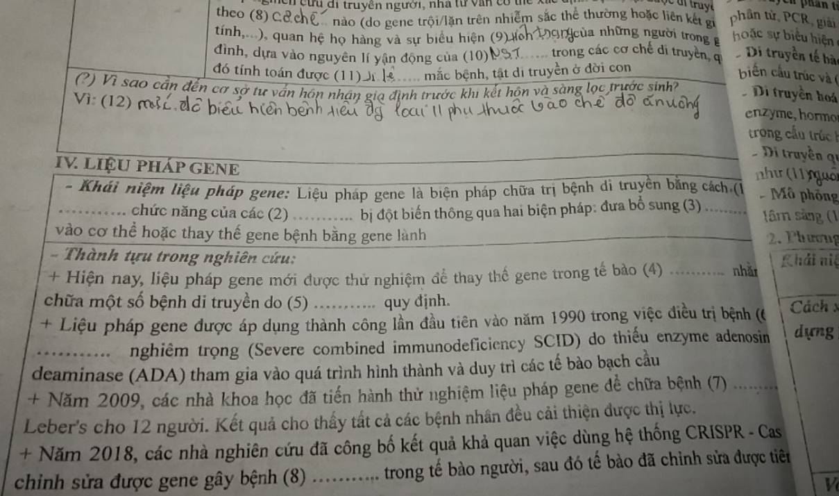 hền ệtu đi truyễn người, nhà từ văn có thể x
theo (8) C& C nào (do gene trội/lặn trên nhiễm sắc thể thường hoặc liên kết gi  phần tử, PCR, giải
tính, ), quan hệ họ hàng và sự biểu hiện (9) lcn Mạ  của những người trong 
hoặc sự biểu hiện
đình, dựa vào nguyên lí yận động của (10) trong các cơ chế di truyền, q  Di truyền tế bài
đó tính toán được (11) J    mắc bệnh, tật di truyền ở đời con
biển cầu trúc và (
(?) Vì sao cần đến cơ sở tư vấn hôn nhận gia định trước khi kết hôn và sàng lọc trước sinh?  Di truyền hoá
Vì: (12)
enzóme, hormo
trong cầu trúc 
Di truyền qi
như (11) guồ
IV LIệU PHÁP GENE  Mô phòng
- Khái niệm liệu pháp gene: Liệu pháp gene là biện pháp chữa trị bệnh dì truyền bằng cách (1
_ chức năng của các (2)_ .  bị đột biến thông qua hai biện pháp: đưa bổ sung (3) … lâm sàng (1
vào cơ thể hoặc thay thế gene bệnh bằng gene lành 2. Phương
=  Thành tựu trong nghiên cứu: Khải niệ
+ Hiện nay, liệu pháp gene mới được thử nghiệm để thay thế gene trong tế bảo (4)  ......... nhằn
chữa một số bệnh di truyền do (5) quy đjnh.
+ Liệu pháp gene được áp dụng thành công lần đầu tiên vào năm 1990 trong việc điều trị bệnh (6 Cách x
_nghiêm trọng (Severe combined immunodeficiency SCID) do thiếu enzyme adenosin dựng
deaminase (ADA) tham gia vào quá trình hình thành và duy trì các tế bào bạch cầu
+ Năm 2009, các nhà khoa học đã tiến hành thử nghiệm liệu pháp gene đề chữa bệnh (7) ........
Leber's cho 12 người. Kết quả cho thấy tất cả các bệnh nhân đều cải thiện được thị lực.
+ Năm 2018, các nhà nghiên cứu đã công bố kết quả khả quan việc dùng hệ thống CRISPR - Cas
chinh sửa được gene gây bệnh (8) ........... trong tế bào người, sau đó tế bảo đã chỉnh sửa được tiên
V