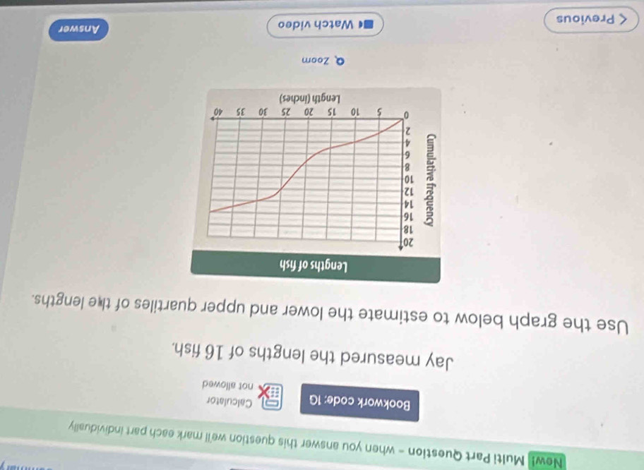 New!] Multi Part Question - when you answer this question we'll mark each part individually 
Bookwork code: 1G Calculator 
not allowed 
Jay measured the lengths of 16 fish. 
Use the graph below to estimate the lower and upper quartiles of the lengths. 
Q Zoom 
< Previous Watch video Answer