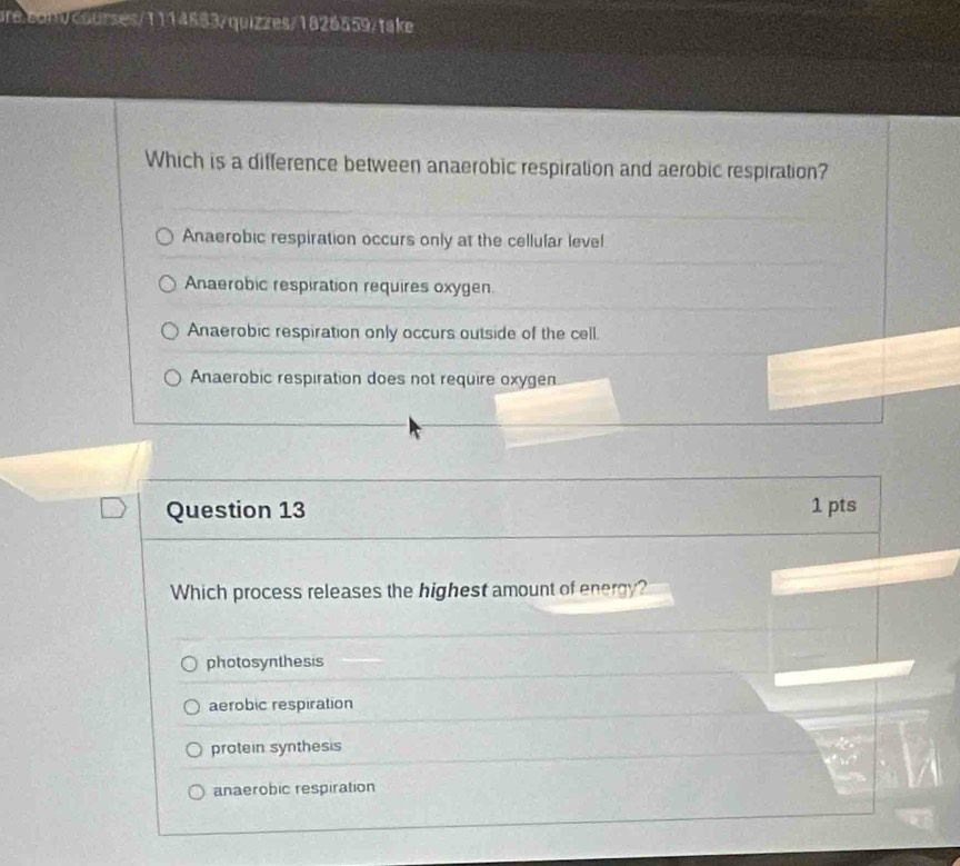 are.con0courses/1114883/quizzes/1826559/take
Which is a difference between anaerobic respiration and aerobic respiration?
Anaerobic respiration occurs only at the cellular level
Anaerobic respiration requires oxygen.
Anaerobic respiration only occurs outside of the cell.
Anaerobic respiration does not require oxygen
Question 13 1 pts
Which process releases the highest amount of energy?
photosynthesis
aerobic respiration
protein synthesis
anaerobic respiration