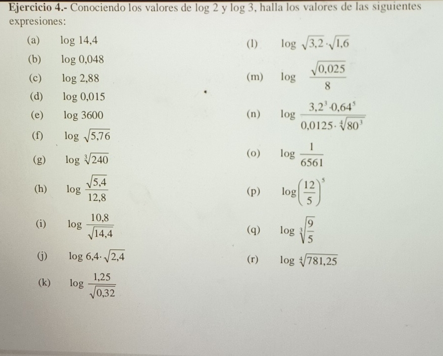 Ejercicio 4.- Conociendo los valores de log 2ylog 3 , halla los valores de las siguientes 
expresiones: 
(a) log 14,4 (1) log sqrt(3,2)· sqrt(1,6)
(b) log 0,048
(c) log 2,88 (m) log  (sqrt(0,025))/8 
(d) log 0,015
(e) log 3600 (n) log  (3,2^3· 0,64^5)/0,0125· sqrt[4](80^3) 
(f) log sqrt(5,76)
(o) 
(g) log sqrt[3](240) log  1/6561 
(h) log  (sqrt(5,4))/12,8  (p) log ( 12/5 )^5
(i) log  (10,8)/sqrt(14,4) 
(q) log sqrt[3](frac 9)5
(j) log 6,4· sqrt(2,4) (r) log sqrt[4](781,25)
(k) log  (1,25)/sqrt(0,32) 