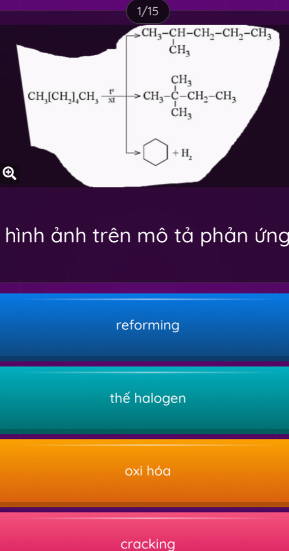 1/15
beginarrayl to CH_3-CH-CH_2-CH_2-CH_3 CH_3endarray.
| 
④ ca_2ca_1ca_1-frac ca_2ca_1ca_2ca_1= 1/2 ca_1ca_1=0
hình ảnh trên mô tả phản ứng
reforming
thế halogen
oxi hóa
cracking