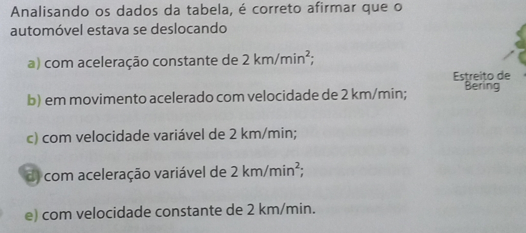 Analisando os dados da tabela, é correto afirmar que o
automóvel estava se deslocando
a) com aceleração constante de 2km/min^2; 
Estreito de
b) em movimento acelerado com velocidade de 2 km/min;
Bering
c) com velocidade variável de 2 km/min;
d) com aceleração variável de 2km/min^2;
e) com velocidade constante de 2 km/min.