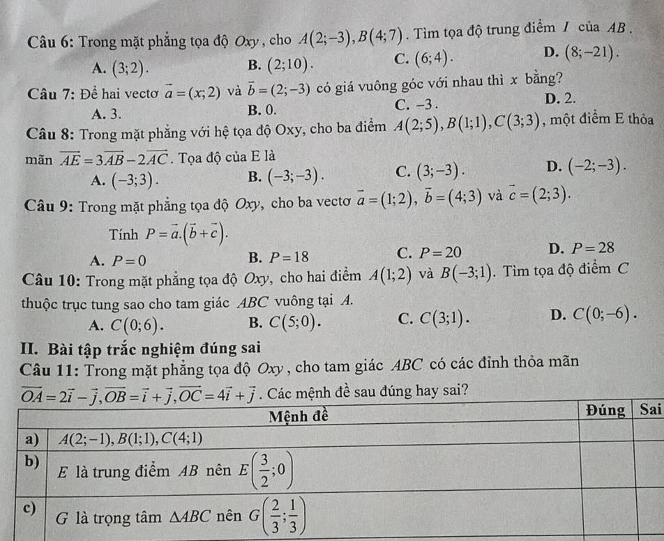 Trong mặt phẳng tọa độ Oxy , cho A(2;-3),B(4;7).  Tìm tọa độ trung điểm / của AB .
B.
A. (3;2). (2;10).
C. (6;4).
D. (8;-21).
Câu 7: Đề hai vectơ vector a=(x;2) và vector b=(2;-3) có giá vuông góc với nhau thì x bằng?
A. 3. B. 0. C. -3 . D. 2.
Câu 8: Trong mặt phẳng với hệ tọa độ Oxy, cho ba điểm A(2;5),B(1;1),C(3;3) , một điểm E thỏa
mãn vector AE=3vector AB-2vector AC. Tọa độ của E là
D.
A. (-3;3). (-3;-3). C. (3;-3). (-2;-3).
B.
Câu 9: Trong mặt phẳng tọa độ Oxy, cho ba vectơ vector a=(1;2),vector b=(4;3) và vector c=(2;3).
Tính P=vector a.(vector b+vector c).
D. P=28
A. P=0
B. P=18
C. P=20
Câu 10: Trong mặt phẳng tọa độ Oxy, cho hai điểm A(1;2) và B(-3;1). Tìm tọa độ điểm C
thuộc trục tung sao cho tam giác ABC vuông tại A.
B.
A. C(0;6). C(5;0).
D.
C. C(3;1). C(0;-6).
II. Bài tập trắc nghiệm đúng sai
Câu 11: Trong mặt phẳng tọa độ Oxy, cho tam giác ABC có các đỉnh thỏa mãn
. Các mệnh đề sau đúng hay sai?
i