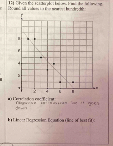 Given the scatterplot below. Find the following. 
e Round all values to the nearest hundredth: 
a) Correlation coefficient: 
b) Linear Regression Equation (line of best fit):