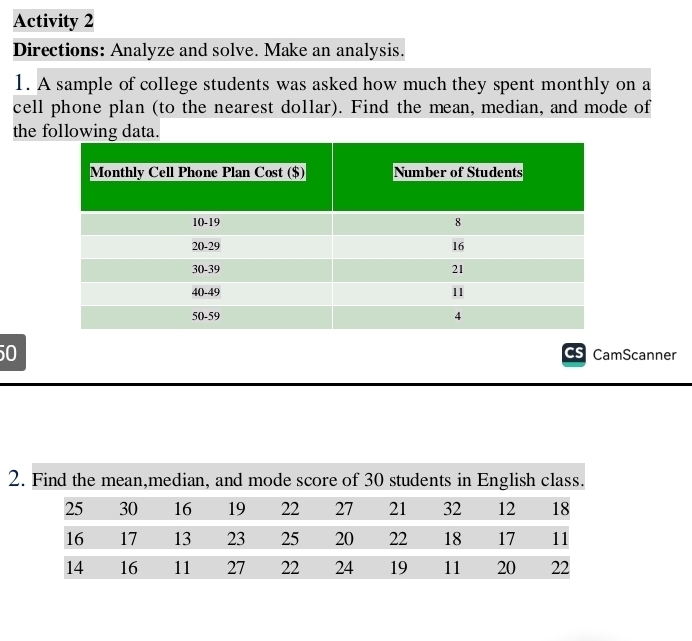 Activity 2 
Directions: Analyze and solve. Make an analysis. 
1. A sample of college students was asked how much they spent monthly on a 
cell phone plan (to the nearest dollar). Find the mean, median, and mode of 
the following data. 
50 
CS CamScanner 
2. Find the mean,median, and mode score of 30 students in English class.