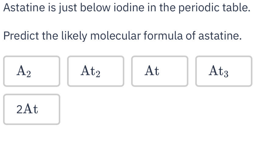 Solved: Astatine is just below iodine in the periodic table. Predict ...